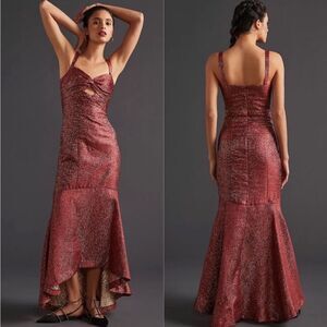 ML Monique Lhuillier Terracotta and Gold Metallic Jacquard High-Low Gown Size 10
